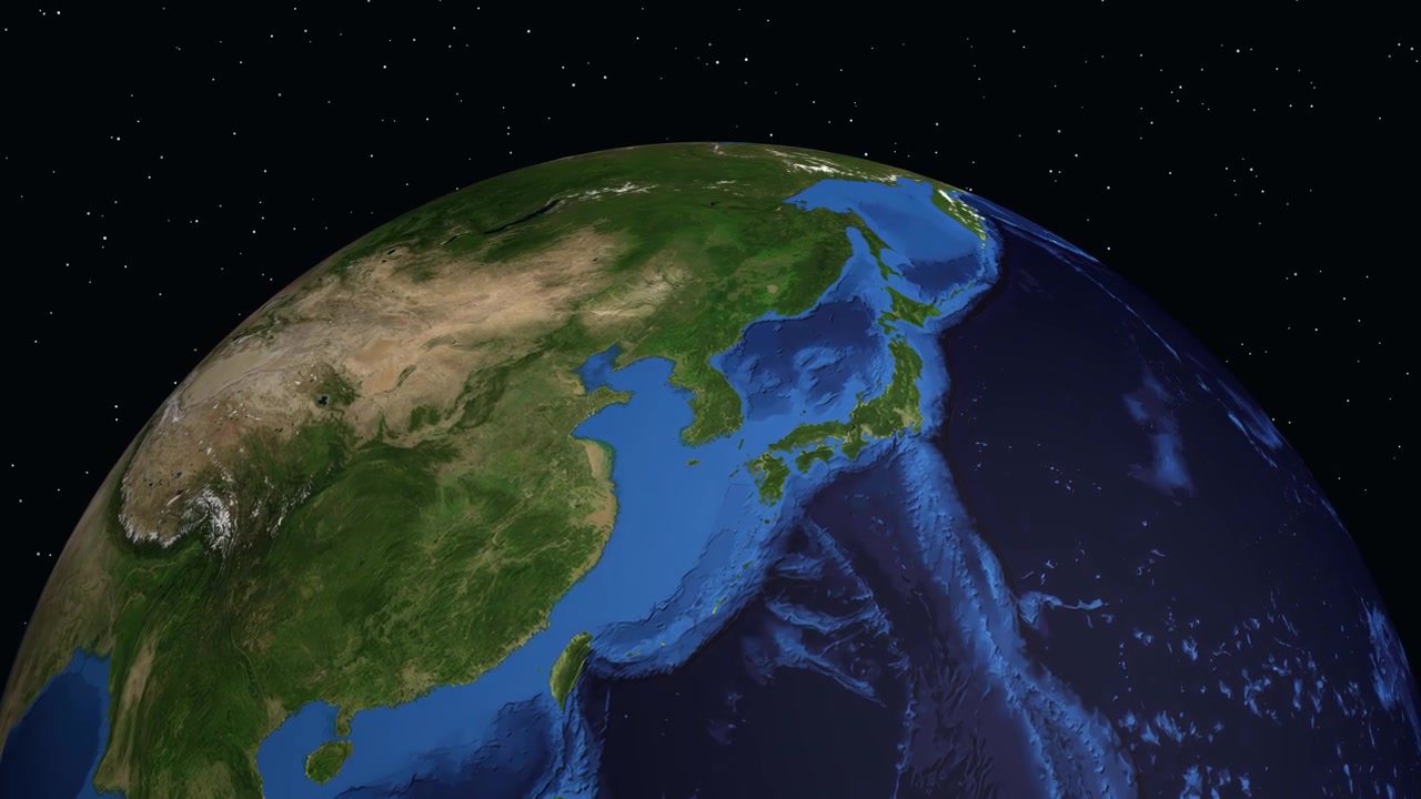 Globe digital berputar dan memperbesar dari luar angkasa ke penanda koordinat tertentu di Korea Selatan.
