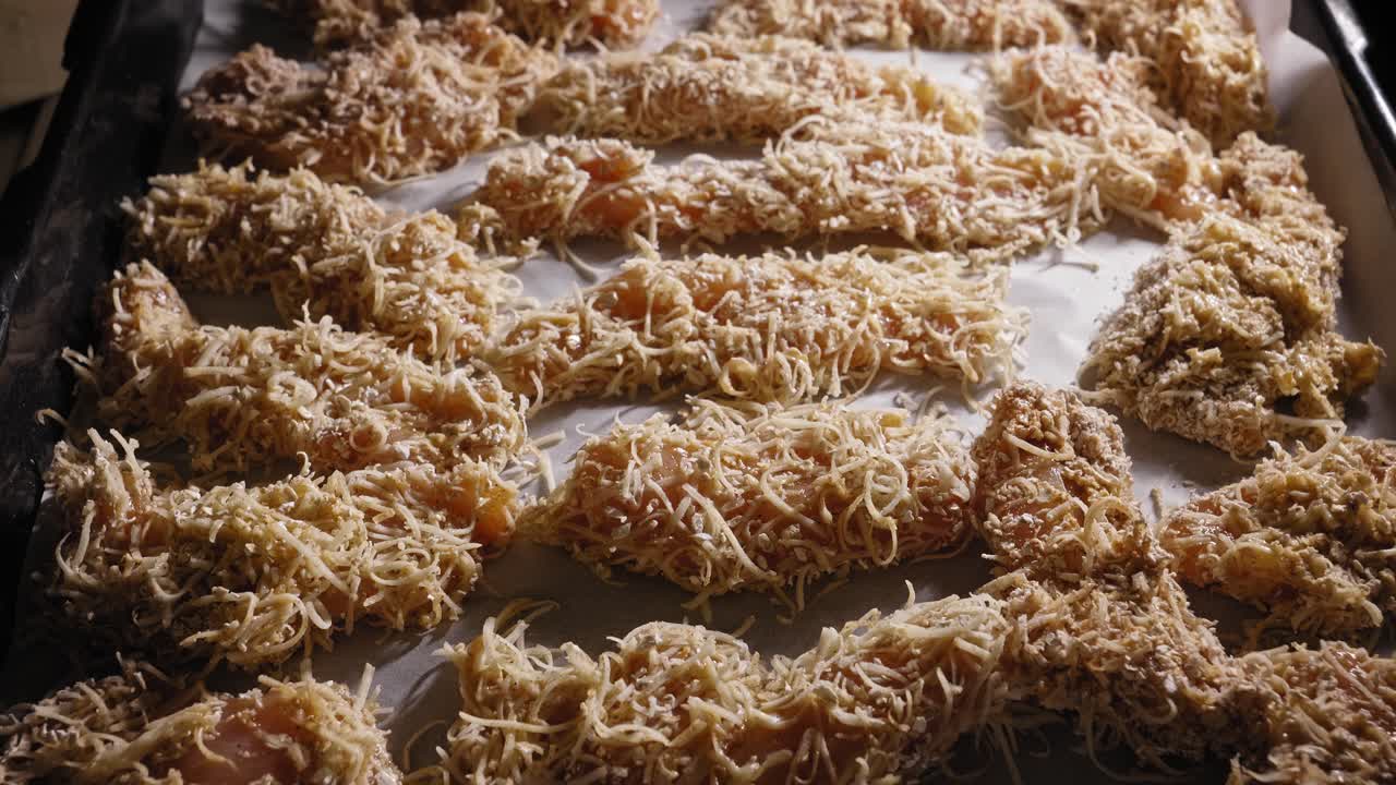 갈은 치즈와 갈은 오트밀 혼합물로 코팅된 닭가슴살