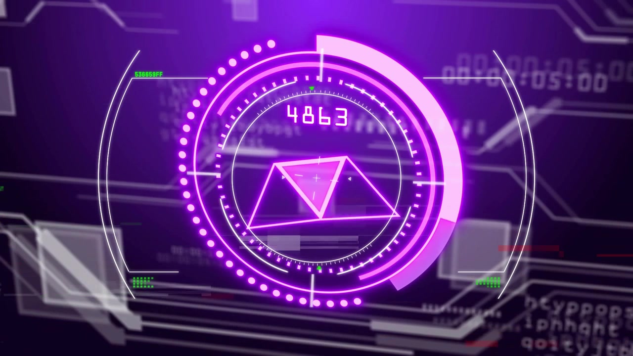 Centralt HUD starter ved afspilning, skiftende aflæsninger, roterende ring, pulserende prisme til teknologidemo.