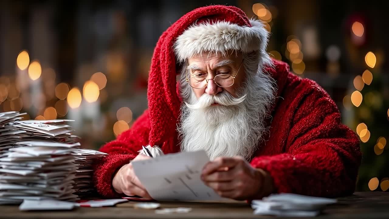 A man dressed as Santa Claus sitting at a table with a pile of papers