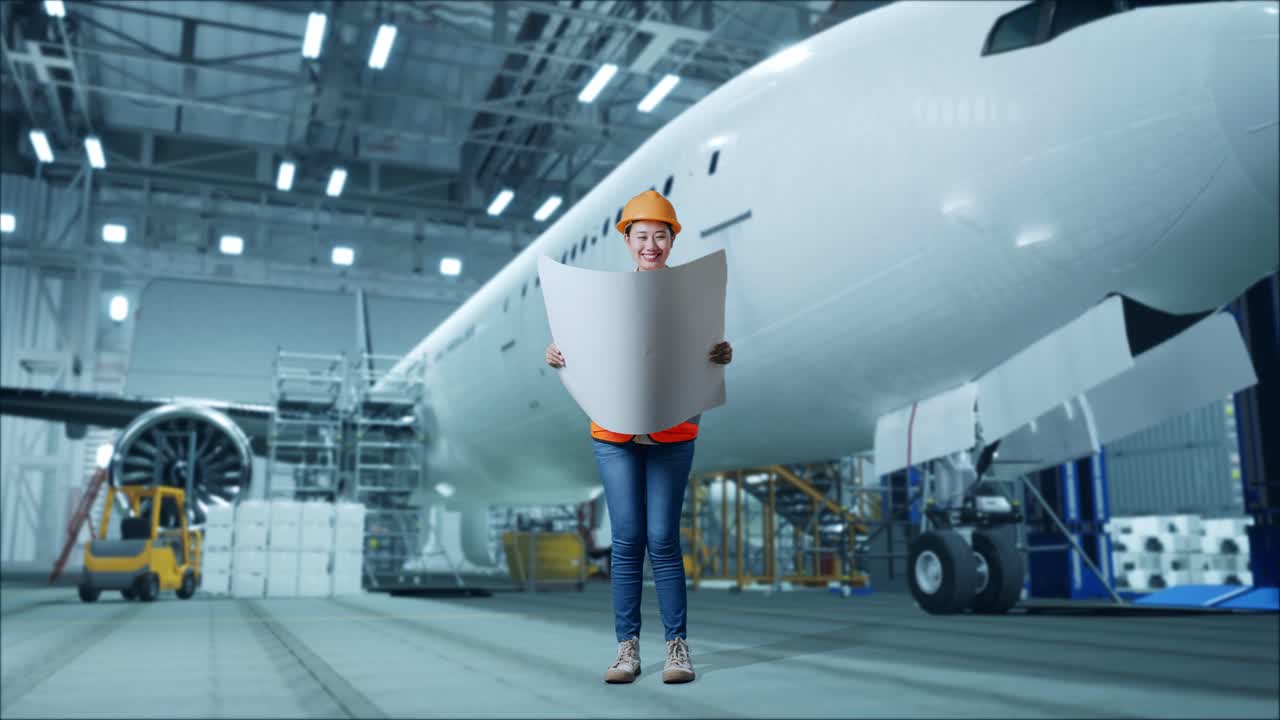 cuerpo lleno de ingeniera femenina asiática con casco de seguridad mirando el plano en sus manos mientras estaba de pie con el avión en el hangar