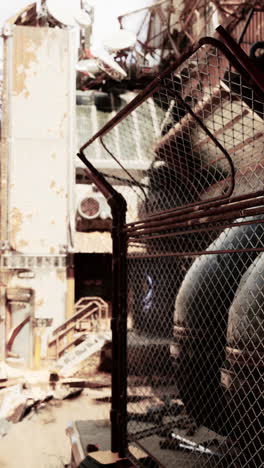 rusty chain link fence in front of abandoned industrial building