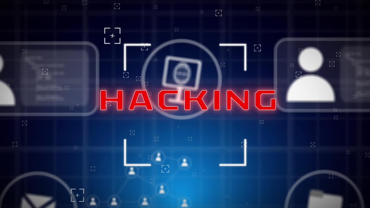 animazione di testo di hacking, icone e elaborazione dei dati