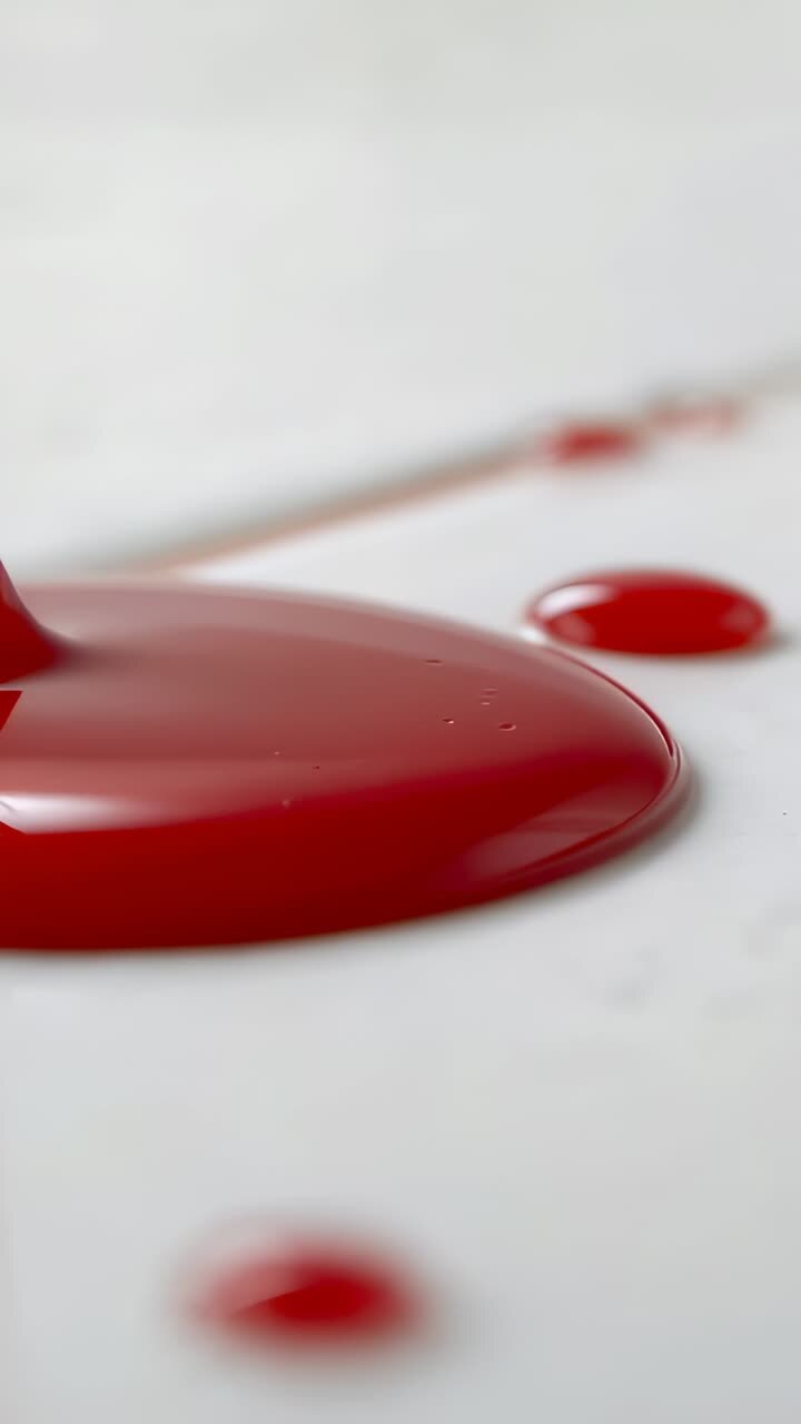 Vertical video: Dripping red viscous liquid enlarging pool on white tabletop, with thin stick