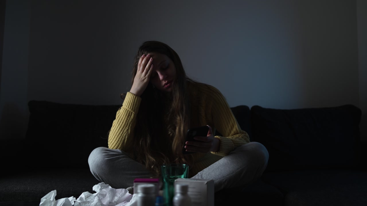 Ill woman wrapped in blanket at home, coughing and feeling weak. Healthcare, virus infection, flu symptoms, winter illness, and recovery concept.