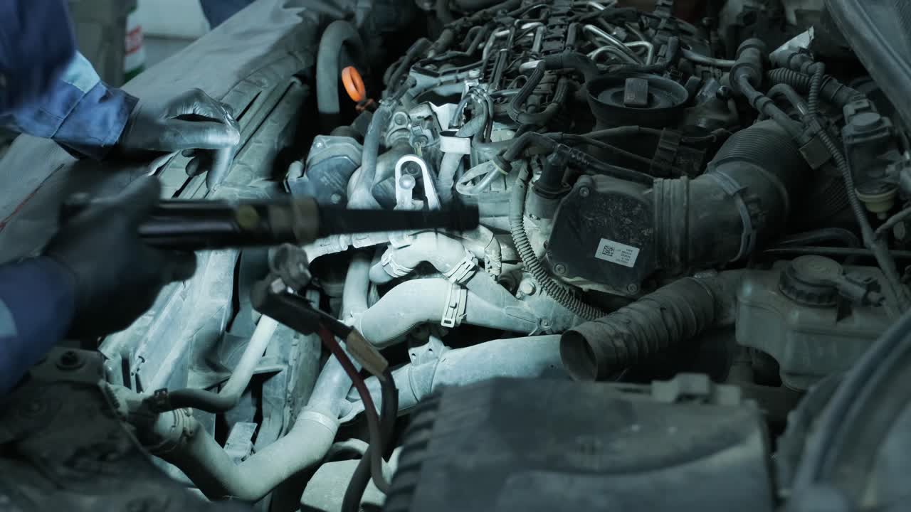 servicio de camión, reparación, mantenimiento y concepto de personas - mecánico de automóviles con lámpara trabajando en el taller