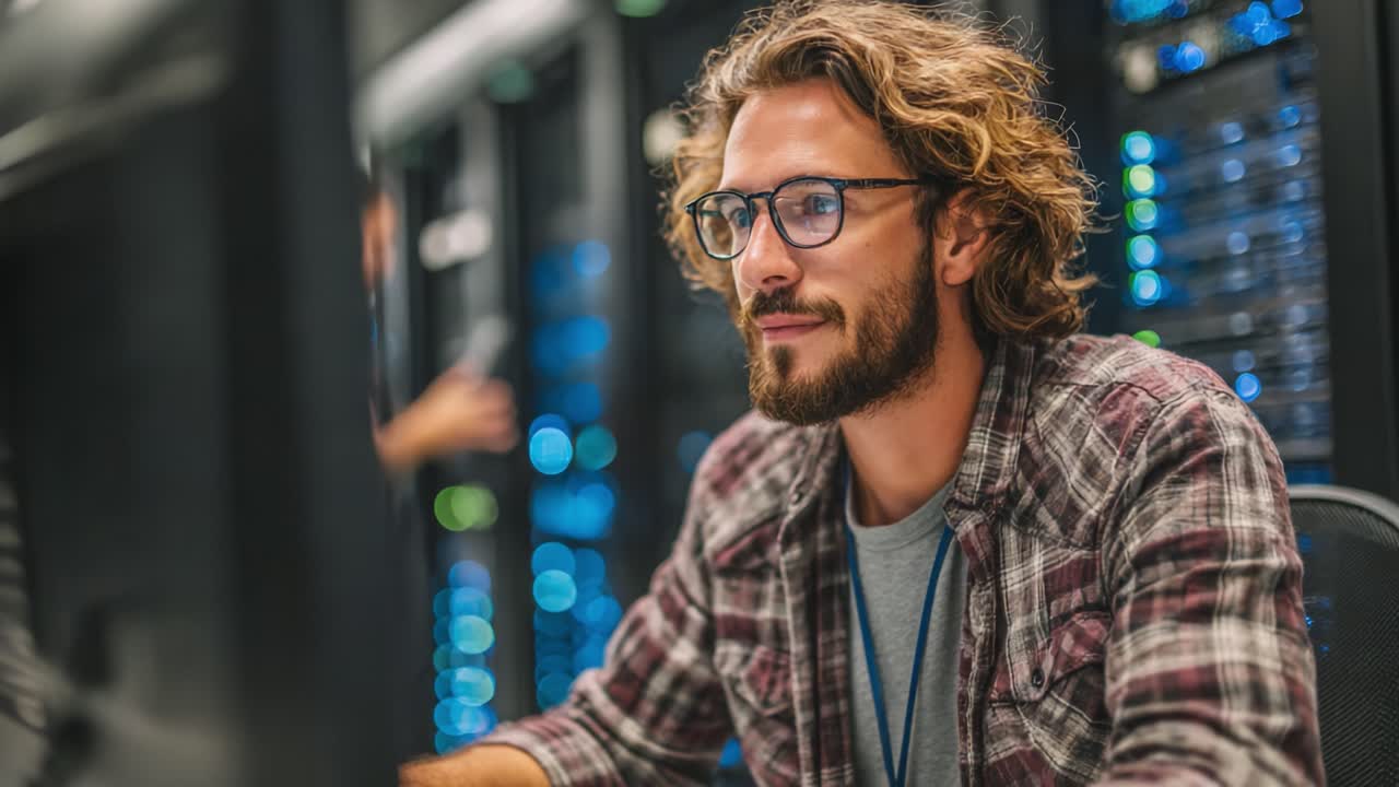 Focused IT Professional Analyzing Data in a High-Tech Server Room, Surrounded by Advanced Technology and Network Equipment, Committed to Cybersecurity and Efficiency