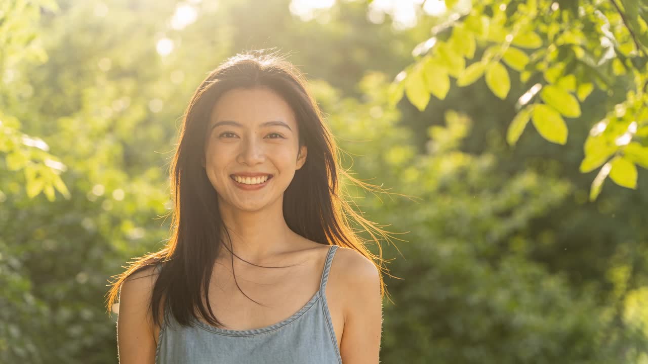 庭で、水色のドレスを着た微笑む女性がカメラ外からの合図に反応し、そよ風が髪をなびかせている。