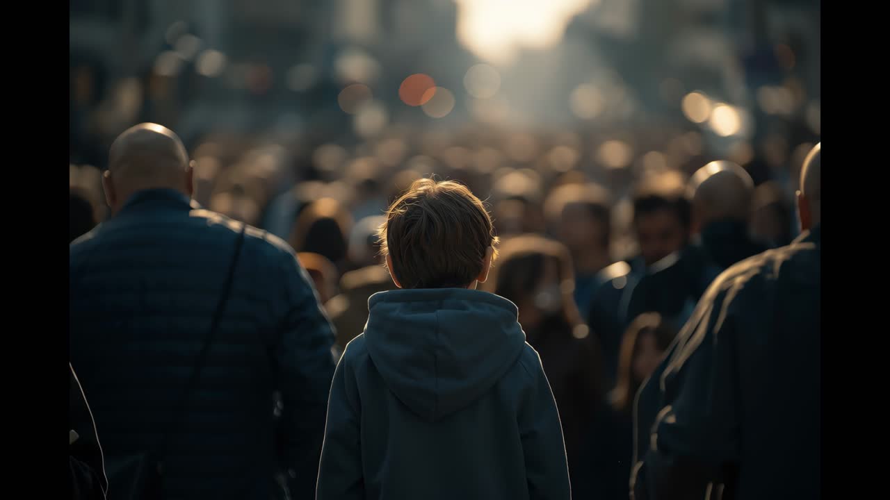 Ragazzino in una strada affollata della città