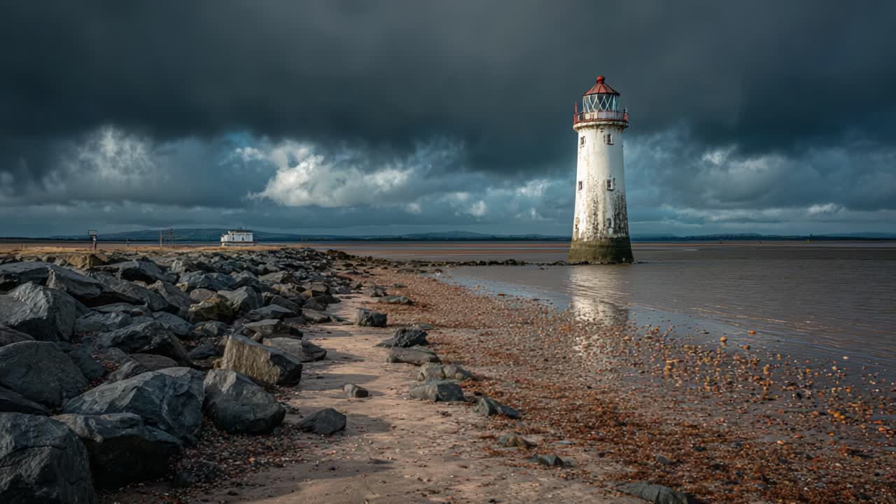 A Coastal Lighthouse Stands Guard Against Stormy Skies and Tidal Marsh, Illuminating the Hidden Beauty of Nature's Wild Seascape