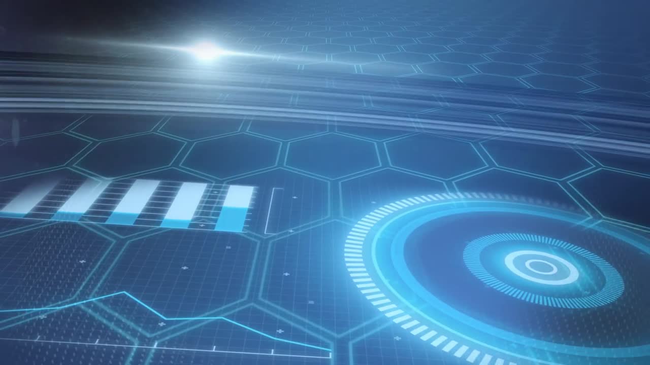 육각형으로 네이비 배경에 디지털 화면 위의 조명의 애니메이션