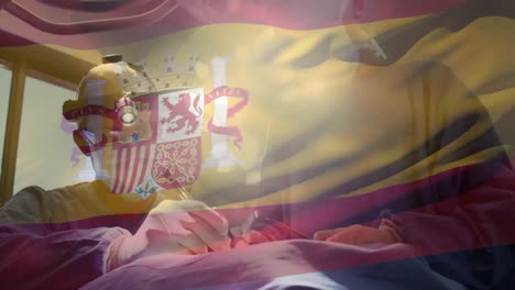 animación de la bandera de españa ondeando sobre los cirujanos en el quirófano