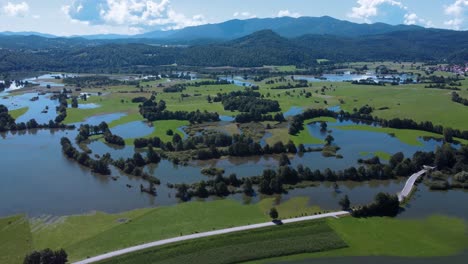 Toma-Aérea-De-Aproximación-Del-Lago-Natural-Intermitente-Cerknica-Rodeado-Por-Un-Paisaje-Escénico-Ion-Eslovenia