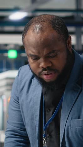 vertical video african american industrial expert inspecting solar panels production