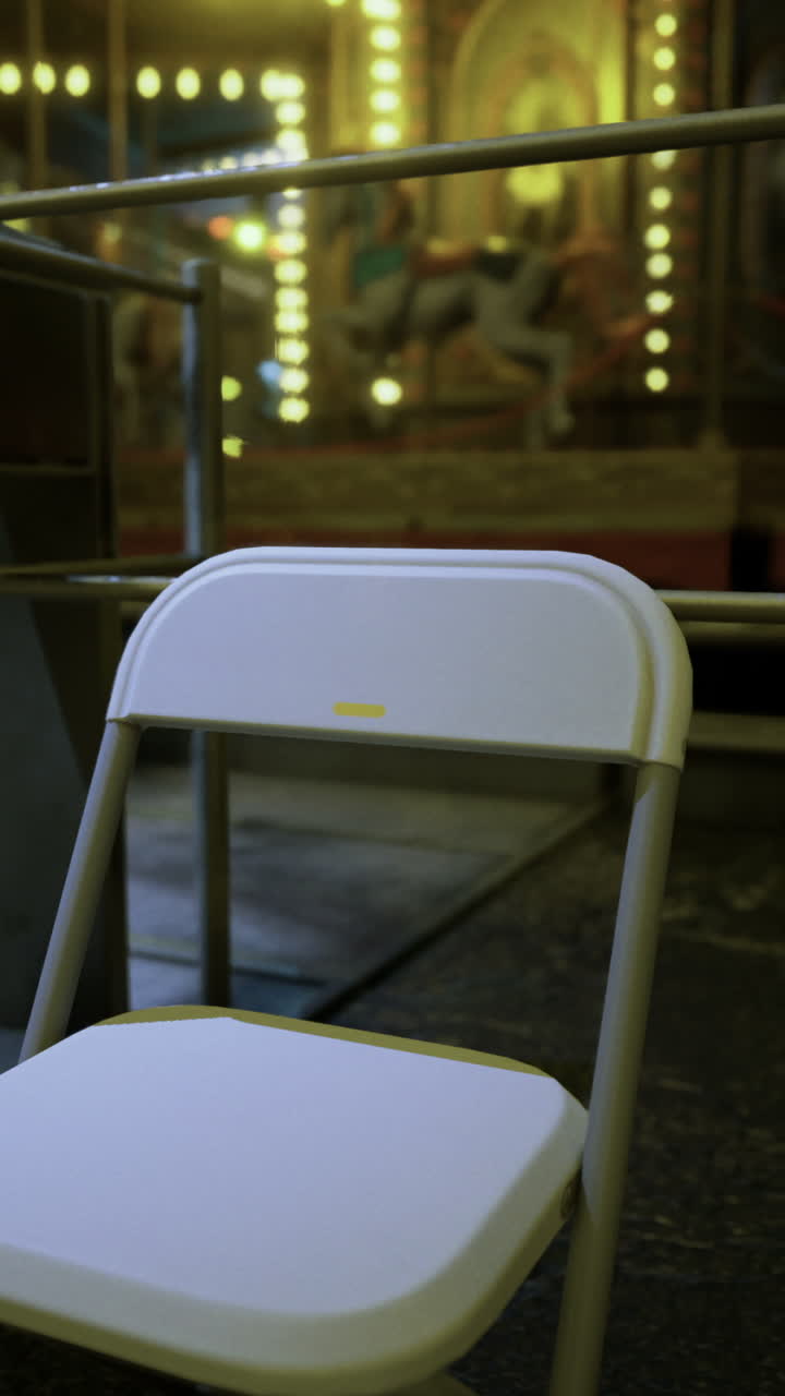 Empty chair in a dimly lit space with festive lights during an evening event