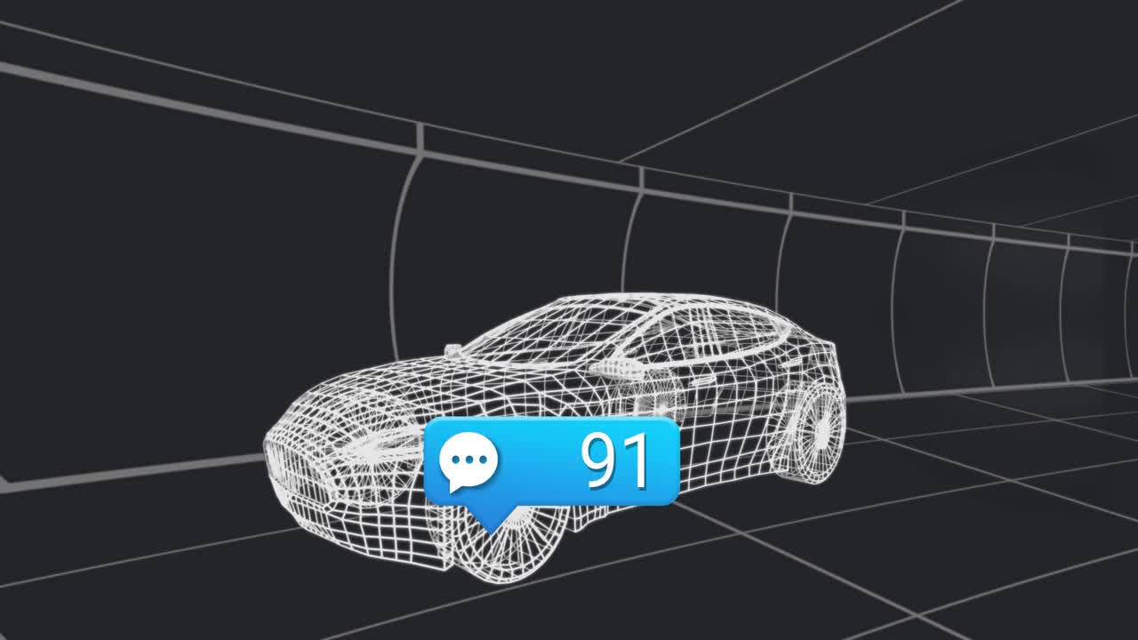 Comment icon appearing above wireframe car in tunnel, floating icons, rising count showing feedback
