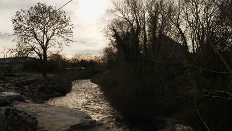 Static-shot-of-a-river-landscape-backlight-with-trees,-low-sun-and-cloudy-sky