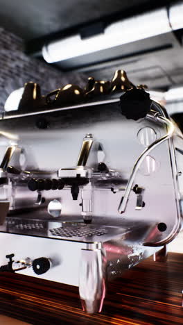 closeup of a sleek, stainless steel espresso machine