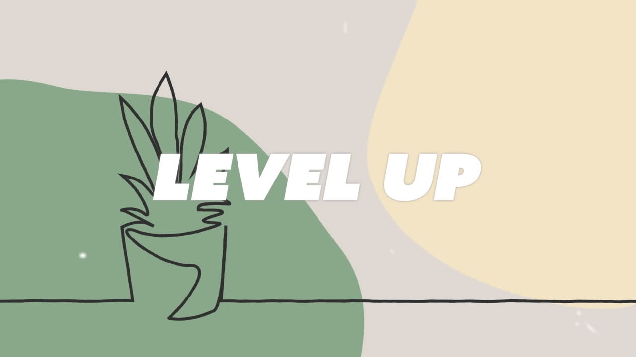 Animation of level up text over plant on colorful background