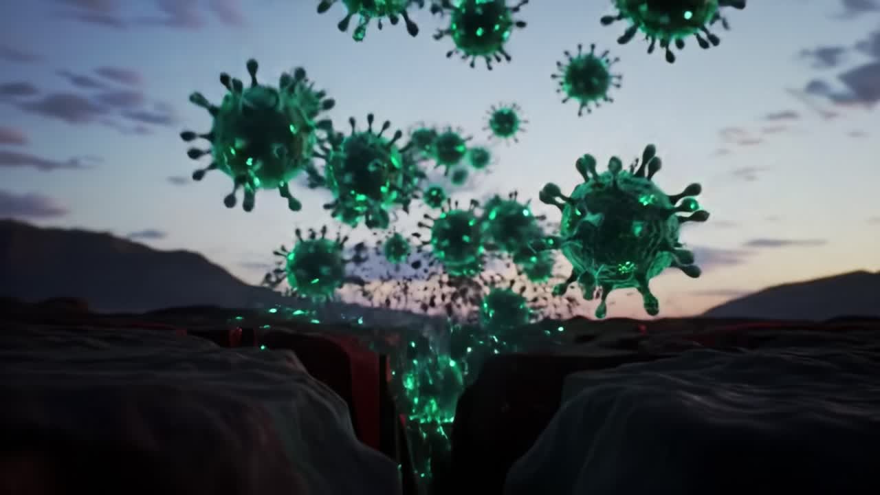 Dynamic Visualization of Viral Particles Emanating in a Stunning Landscape at Dusk, Illustrating the Spread of Infectious Agents in a Vibrant Ecosystem