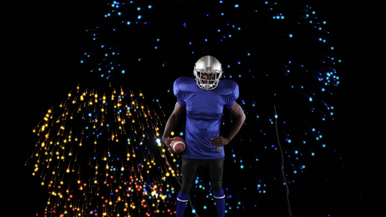 스포츠 개념의 불꽃놀이 배경에 공을 가진 남성 럭비 선수.