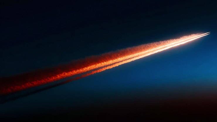 A Stunning Visualization of an Aircraft's Contrail at Dusk, with Vibrant Colors of Sunset Reflected on the Contrail and the Expansive Sky Serving as a Beautiful Backdrop