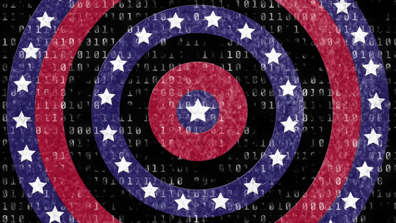 Animation of circles spinning with American flag  stars and stripes with binary coding