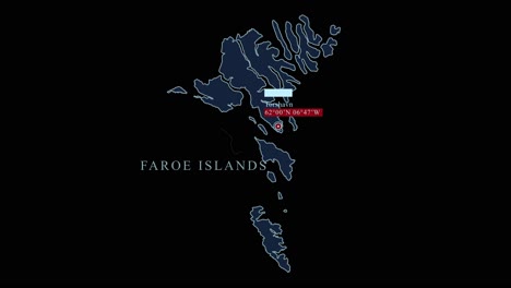 mapa estilizado de las islas feroe con la capital de torshavn y las coordenadas geográficas en fondo negro
