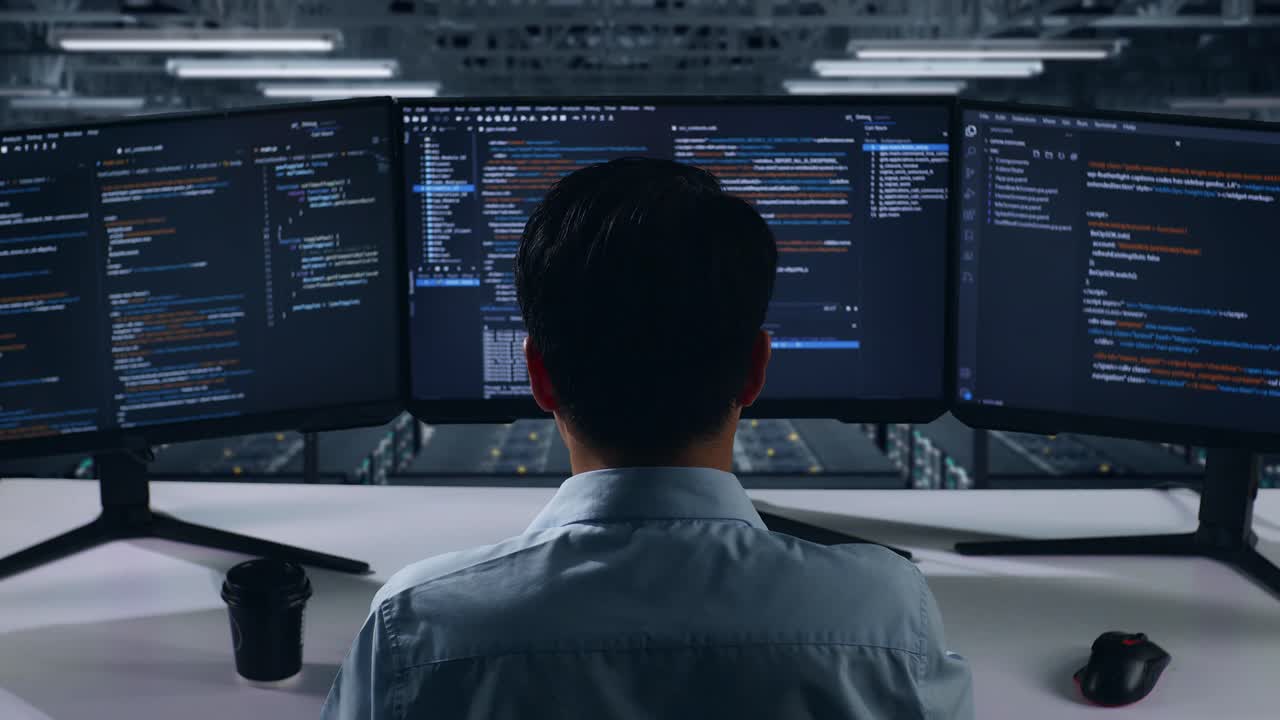 Back View Of Asian Man Developer Using Computer To Write Code With Multiple Screens In Data Center