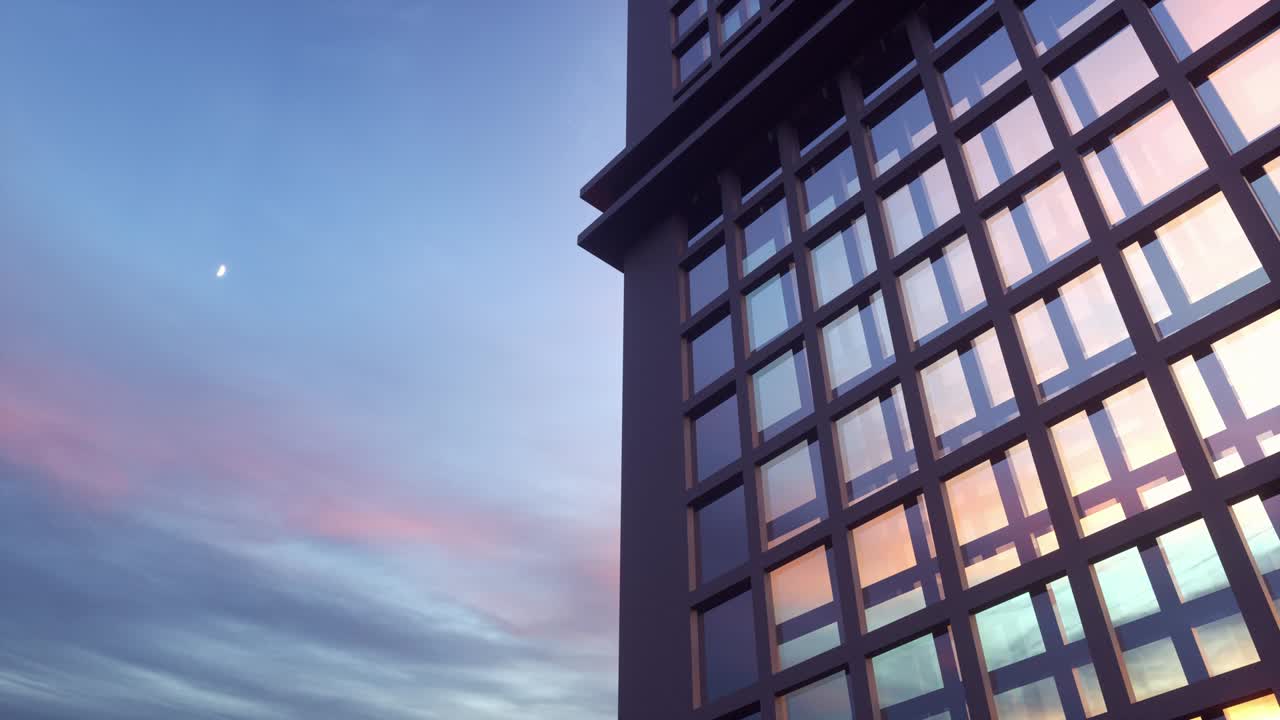 hermosa fachada de rascacielos abstracto moviéndose en bucle sin costuras con reflejos del cielo