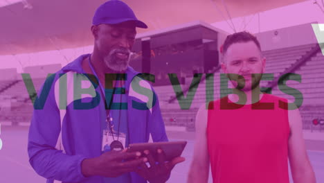 animation of vibes text over african american coach with sportsman at stadium