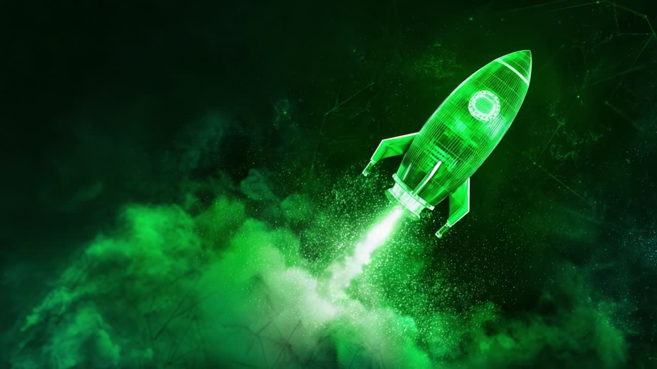 Digital green wireframe rocket ship launching through a nebula cloud into outer space, representing concepts of startup success, business growth, technology, and futuristic innovation