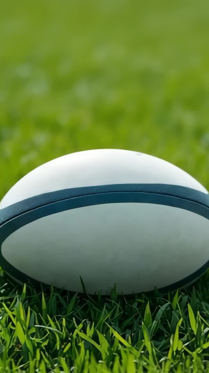 Vertical video: Starting camera close-up on white rugby ball on green turf, revealing dark stripe