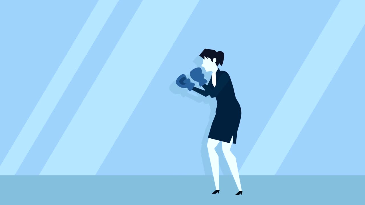 파란색 스타일의 사업가 여성이 큰 권투 장갑으로 권투합니다. 평평한 만화 캐릭터 애니메이션