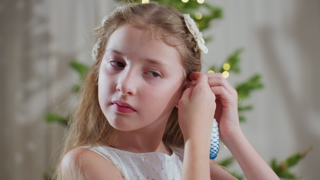 Close up of little girl in white gown adjusting christmas ornament near her ear with gentle expression, standing in cozy room with decorated christmas tree glowing softly in background