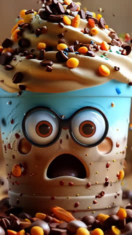 a cartoon character with a cup of ice cream on top of it. the ice cream is covered in chocolate chips and the character is wearing glasses. the scene is playful and fun