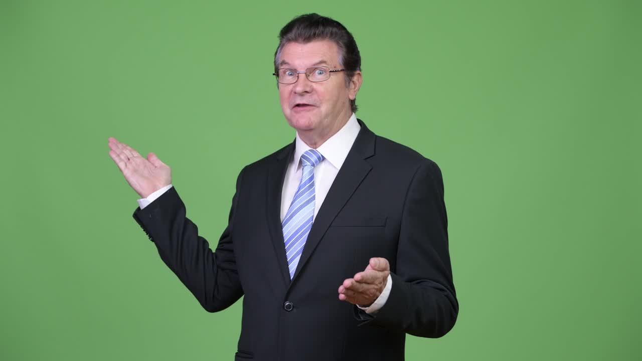 Senior handsome businessman presenting