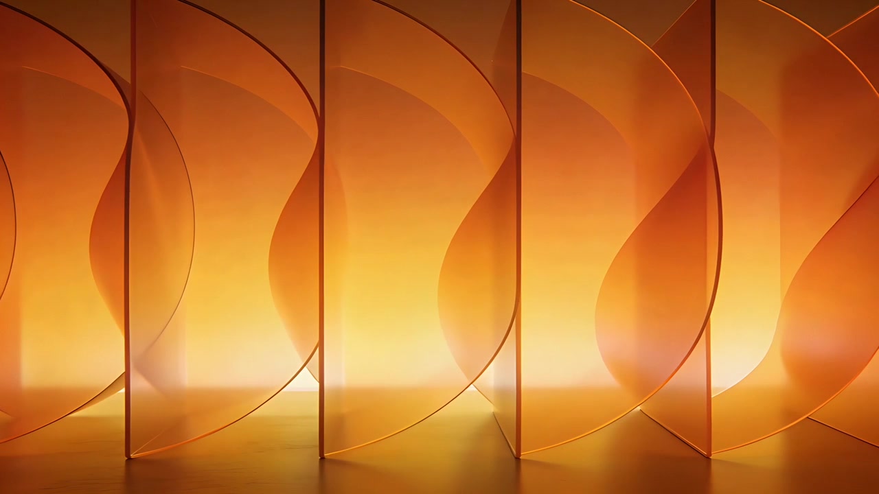 Shifting translucent panels reacting to amber backlight on studio set, glow creating reflections