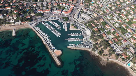 Carqueiranne-harbor-tourist-seaside-resort-aerial-shot-France-summer-sunny-day