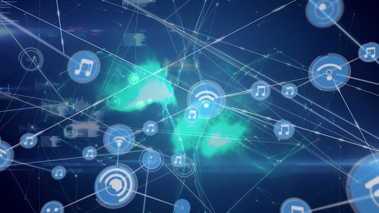 animación de la creciente red de música y iconos wifi que transfieren datos a través de luces azules brillantes