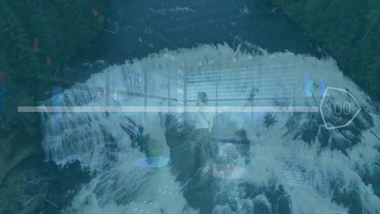 Animation of digital data overlay cascading like waterfall in business meeting room