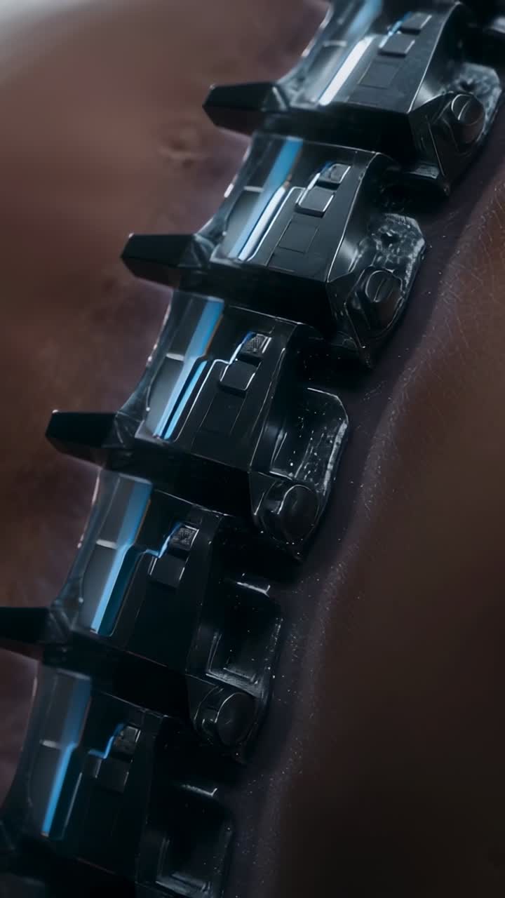 Vertical video: Shifting camera revealing implants on bare torso in lab, showing sealant