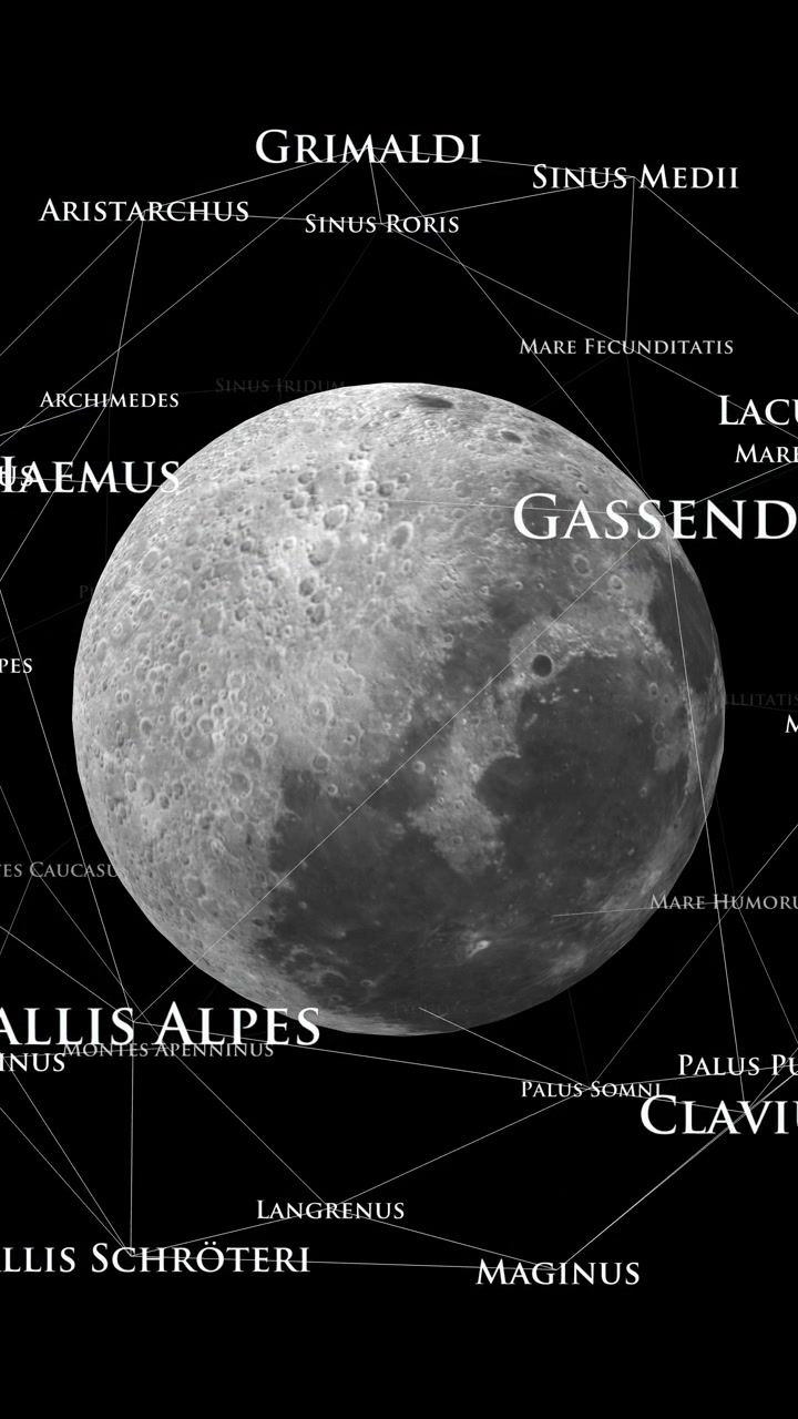 Un'inquadratura verticale stilizzata che mostra la luna circondata da una rete digitale di etichette di regioni lunari mutevoli. Perfetto per documentari spaziali moderni e presentazioni scientifiche ad alta tecnologia.
