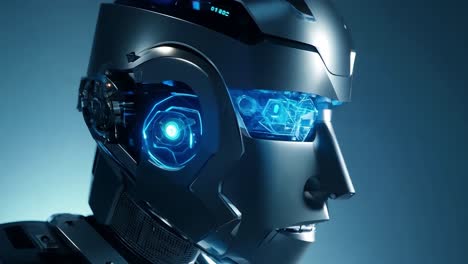 close-up of a futuristic robot head with glowing blue eyes