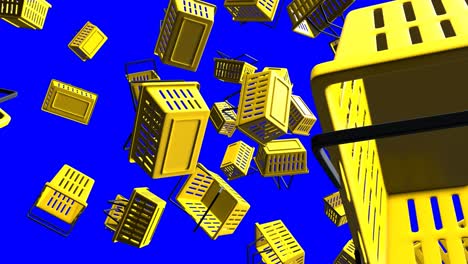 yellow plastic shopping baskets on blue chroma key background.