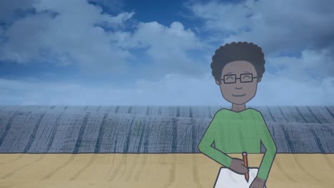 Animation-of-african-american-boy-writing-on-notebook-over-landscape-in-background