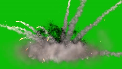 Visual-effects,-VFX,-3-ground-explosions,-with-fire,-debris,-and-smoke-on-green-screen-3D-animation