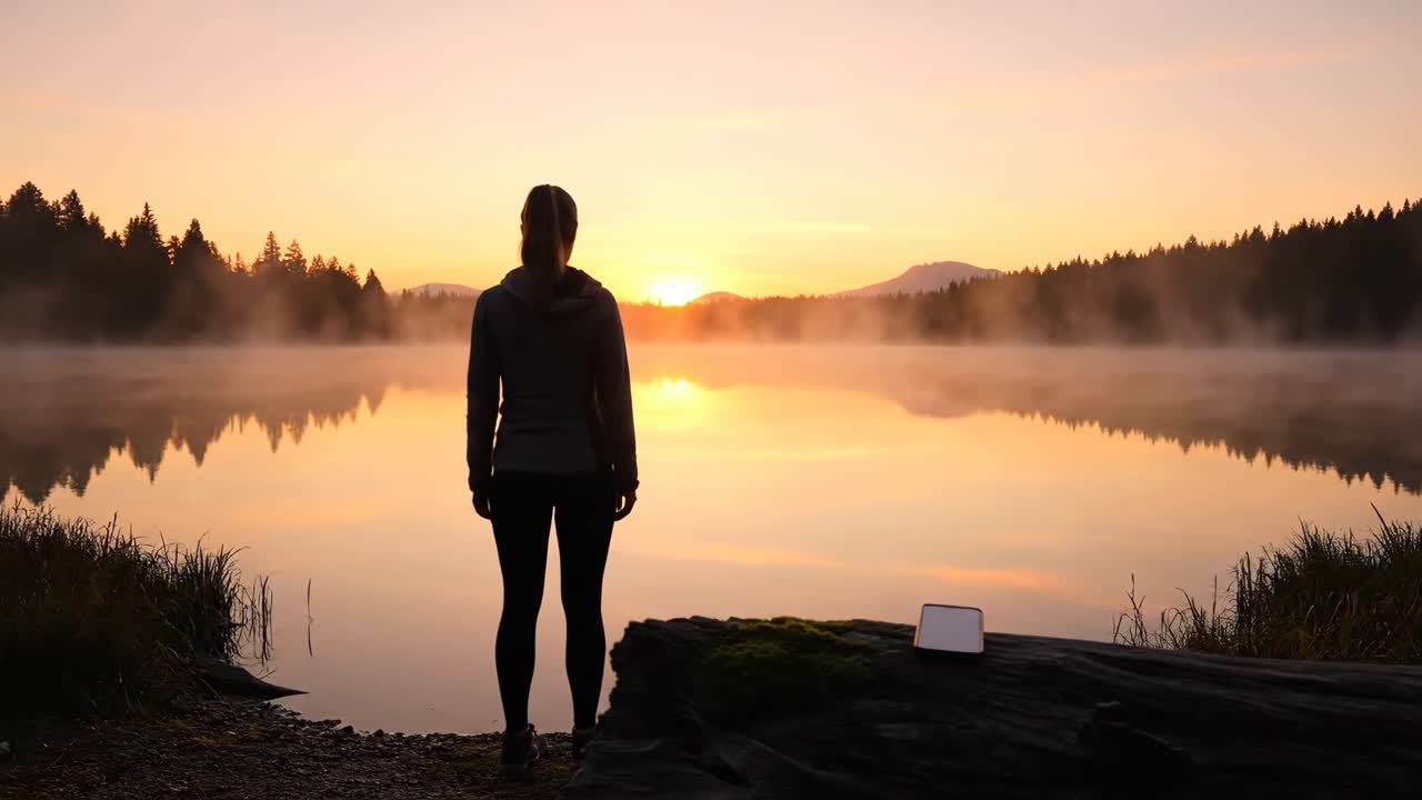 Woman watching the sunrise over a misty lake