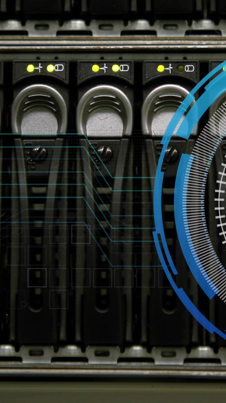 Animation of data processing with padlock icon over server room