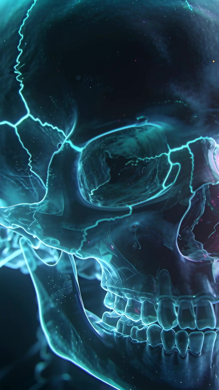 Video verticale: Telecamera che si allontana rivelando un teschio luminoso nel vuoto oscuro per mostrare le suture blu